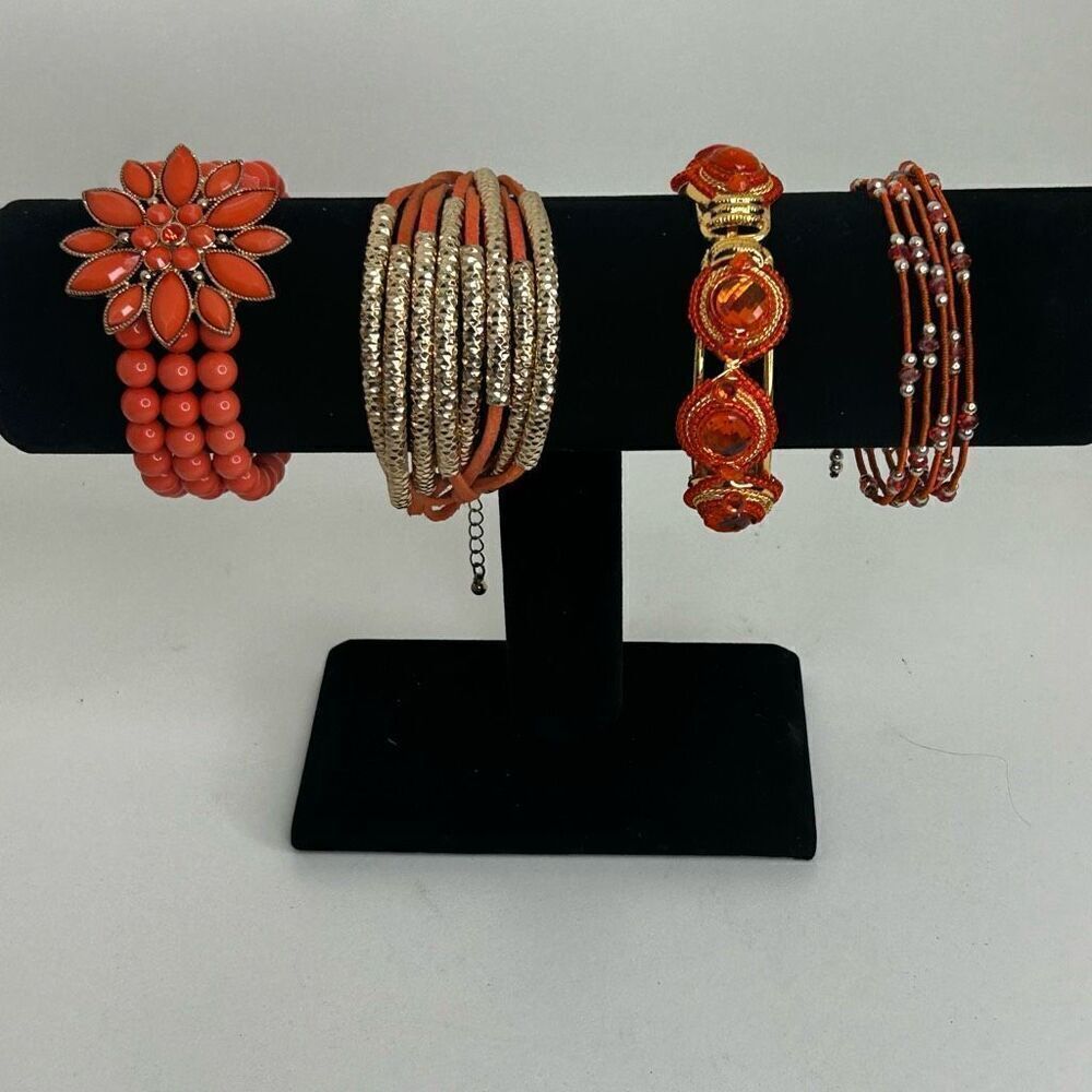 Lot of 4 Fashion Bracelet Set OS Orange Gold-tone Clamper Beaded & Memory Wire